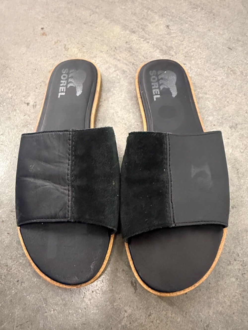 Sorel Black Slide Sandals with Tan Edge Sole